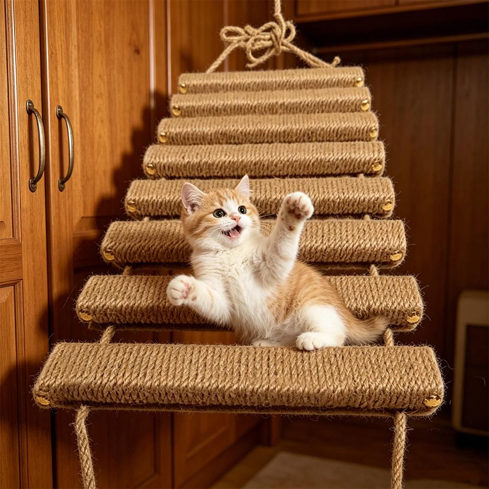Wooden Cat Wall Bridge with Sisal Scratching Wall Mounted Cat Climbing Ladder Activity Center Cat Wall Furniture Perch for Cats