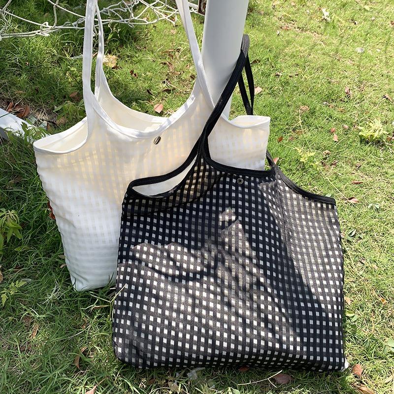 Simple Plaid Canvas Bag Female Single Shoulder Summer Literary Large Capacity Bag