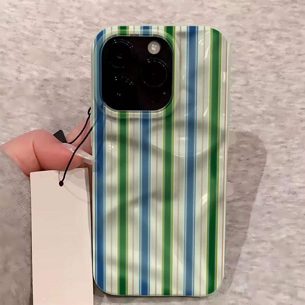 Luxurious Green Purple Stripes Phone Case For iPhone 17 14 15 Pro Max 13 12 11 16 15 Plus Air Concave Convex Silicone Soft Cover