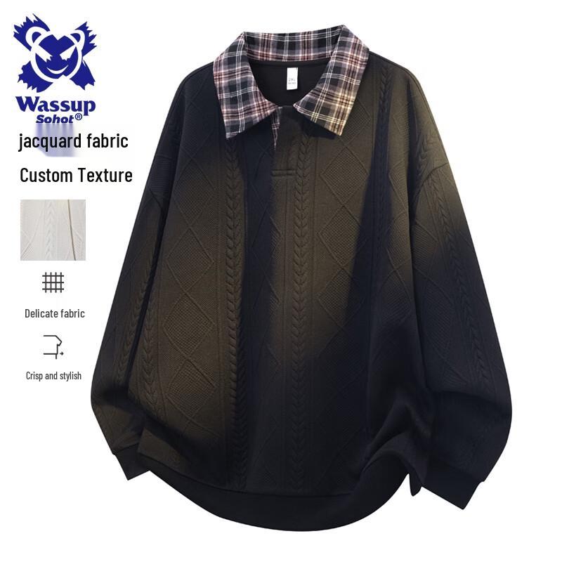 Wassup Sohot Men's American Style Color-block Lapel Fake Two-Piece Polo Sweatshirt