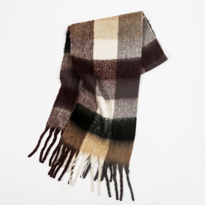 High-end color matching mohair scarf women's autumn and winter warmth thickened versatile plaid tassel
