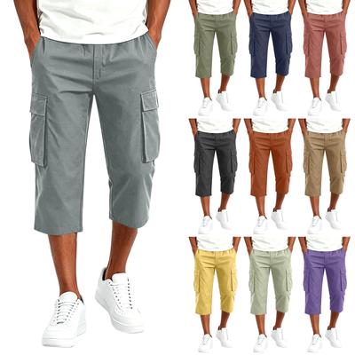 Men Drawstring Waist Multi Pocket Casual Capri Pants Loose Fit Knee Length Cargo Trousers for Outdoor Daily Wear