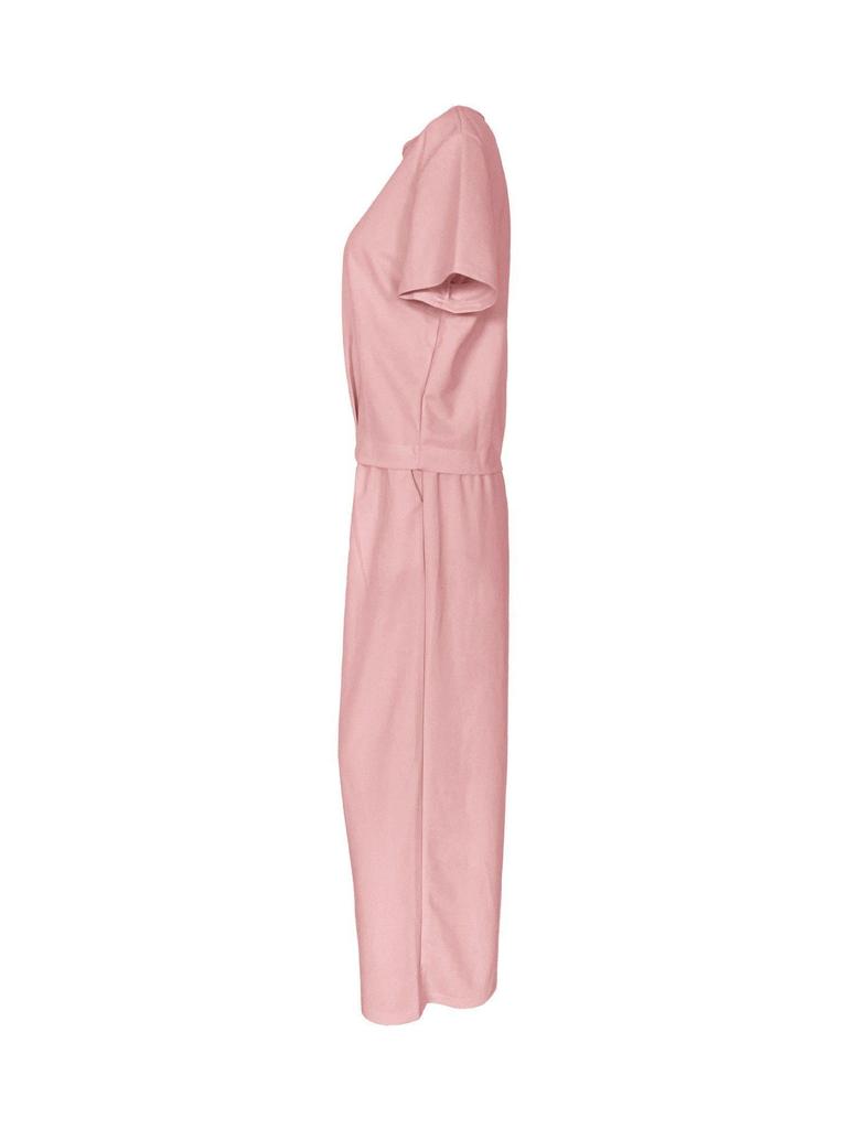 European Summer Pink Linen Women's Two-Piece Set: Short Sleeve Top & Wide-Leg Pants