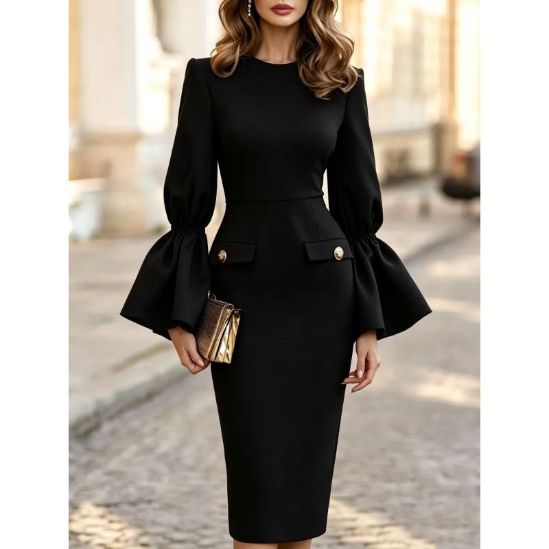 2026 Elegant Round Neck Puff Sleeve Wrap Waist Long Midi Dress Office Wear