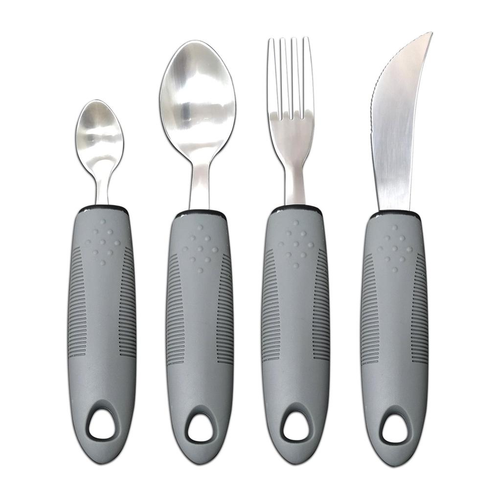 Adaptive Stainless Steel Anti-Tremor Tableware Set: Ergonomic Knife, Fork, Spoon with Rubber and Plastic Handles for Elderly Assistance