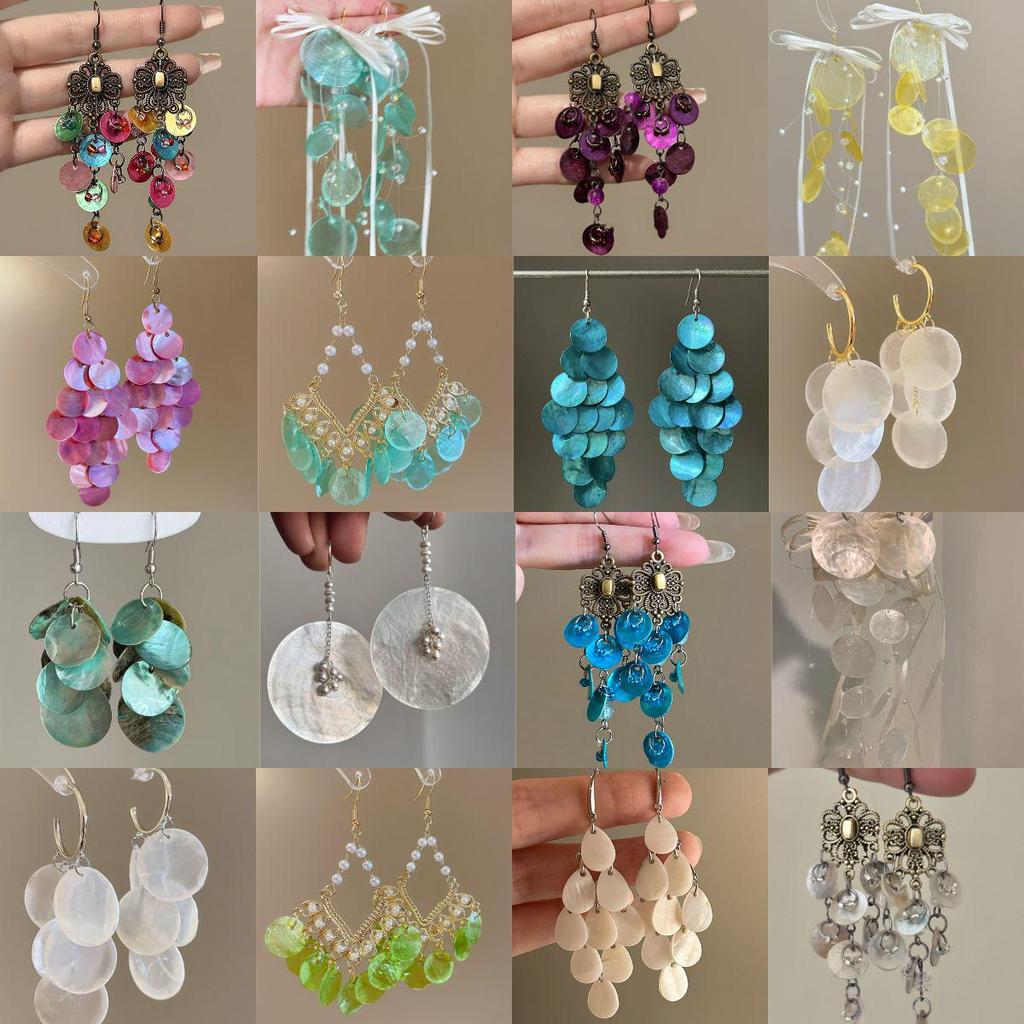 Silver Geometric Seashell Tassel Stud Earrings – Beach Vacation Style for Women