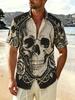 Men's Skull Print Short-Sleeve Shirt, Summer Beach Casual Shirt, Trendy Pattern Design, Plus Size Loose Fit, PLUS SIZE