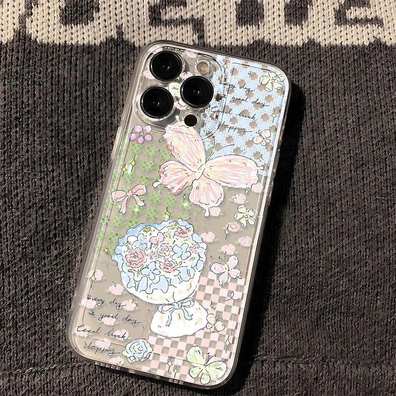 Korean plaid butterfly flower for iPhone17promax Apple 16 mobile phone case 14/13 cute 15