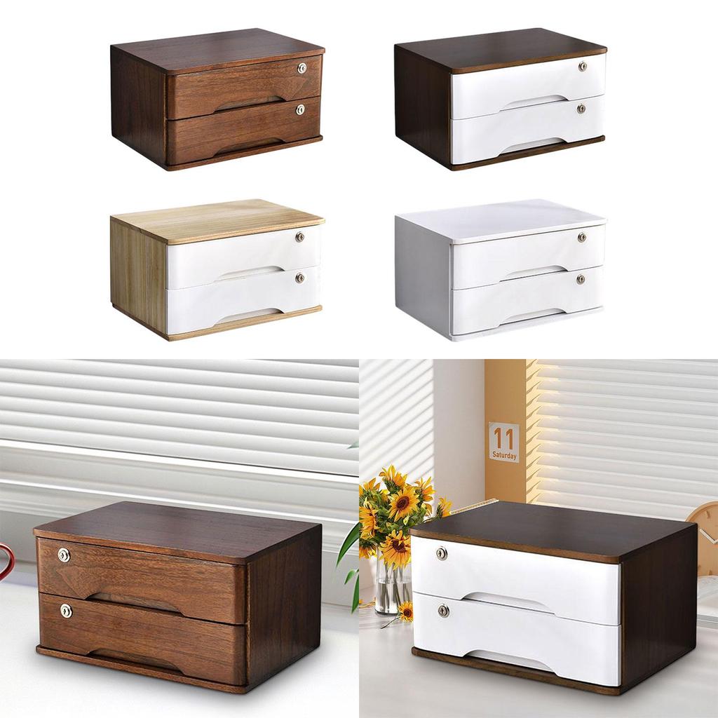 Wood Desktop Storage Box with Lock Office Supplies Daily Storage Wooden Tabletop