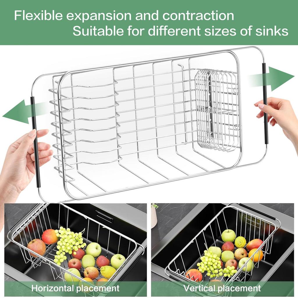 Drainer Expandable 304 Stainless Steel Metal Dish Drying Rack Organizer with Stainless Steel Dish Holder Inside the Sink In-sink Rack. Adjustable.