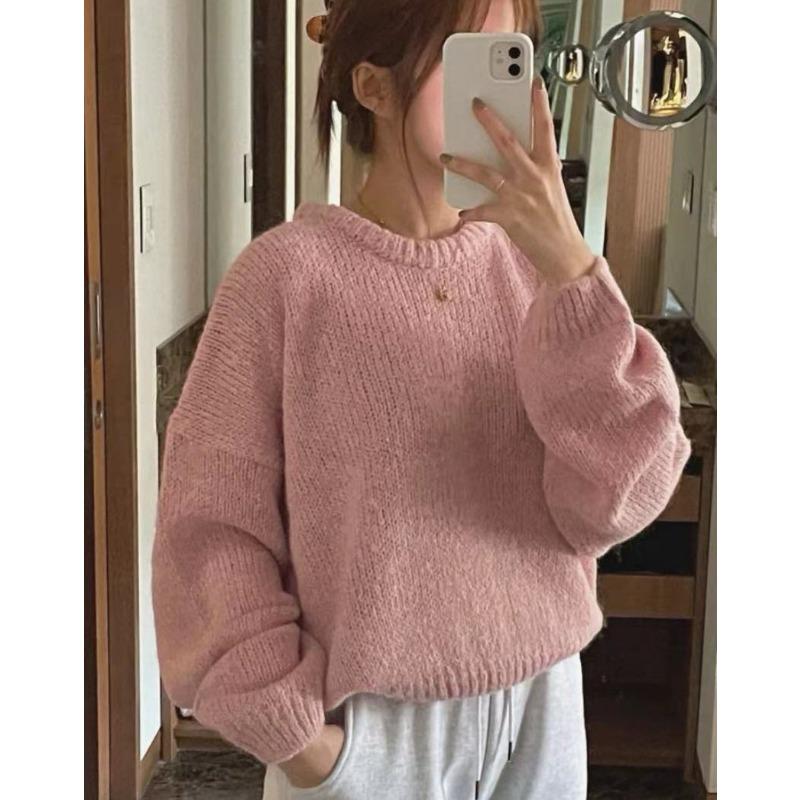 Crew neck imitation mohair sweater women's autumn and winter knitted top fashion casual sweater women's clothing