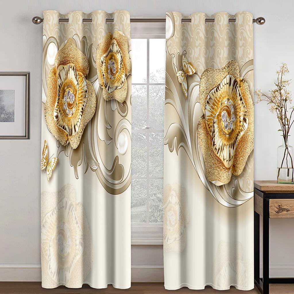 Luxuriöse Goldene Blume Rose Diomand Mädchen Fenster Vorhänge Raffrollos für Wohnzimmer Kinder Schlafzimmer Küche Tür Heimdekor Gerät 2 Stück