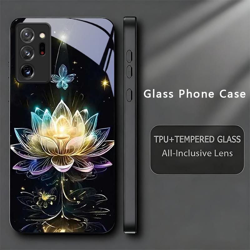 Crystal Lotus Art Black Phone Case For Samsung Galaxy Note 10 20 A 06 A07 12 A13 A14 A15 A16 A17 A22 A23 24 25 26 Glass Cover