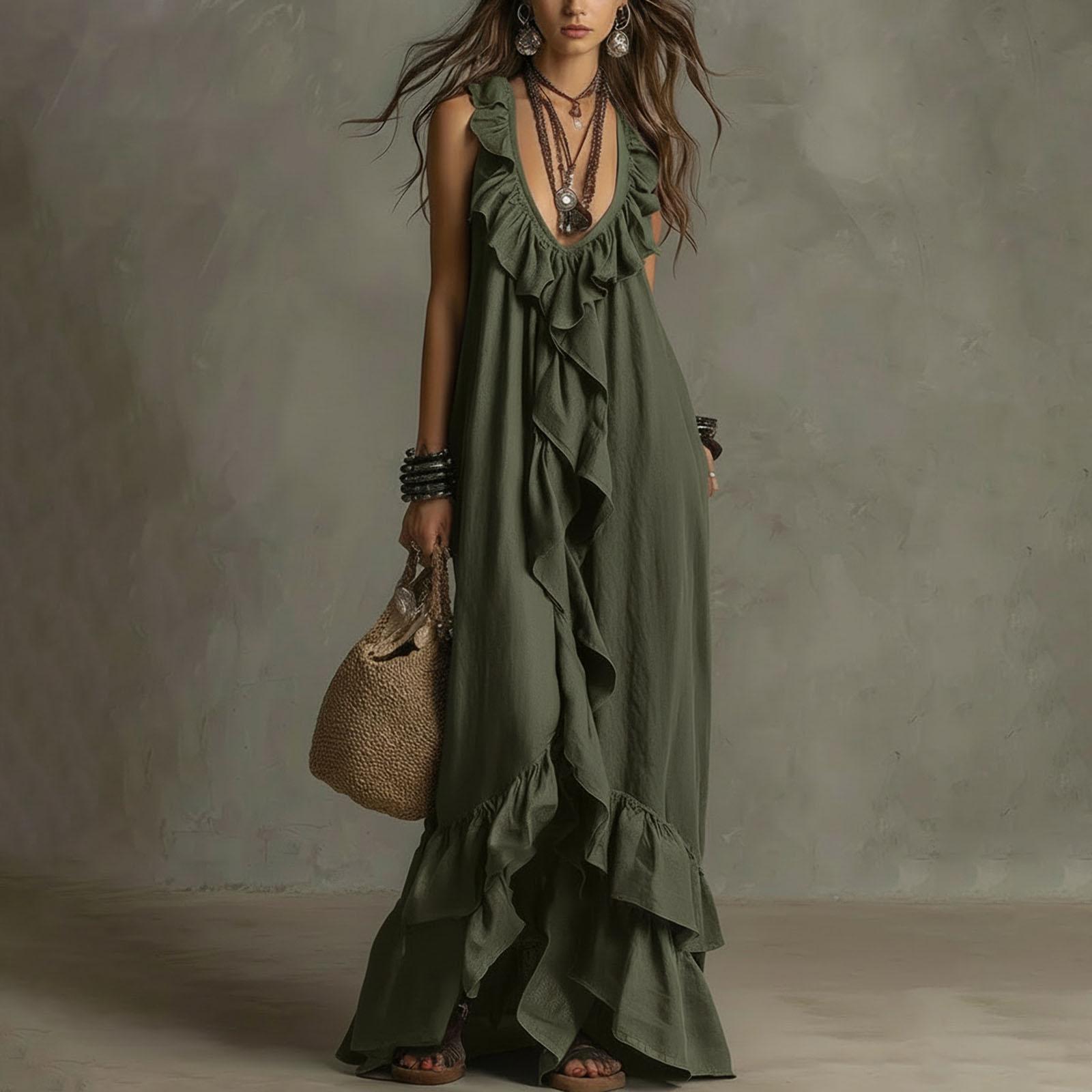 

Women s New Summer Casual Boho Vintage Dress, V-Neck Short Sleeve With Ruffle Hem M