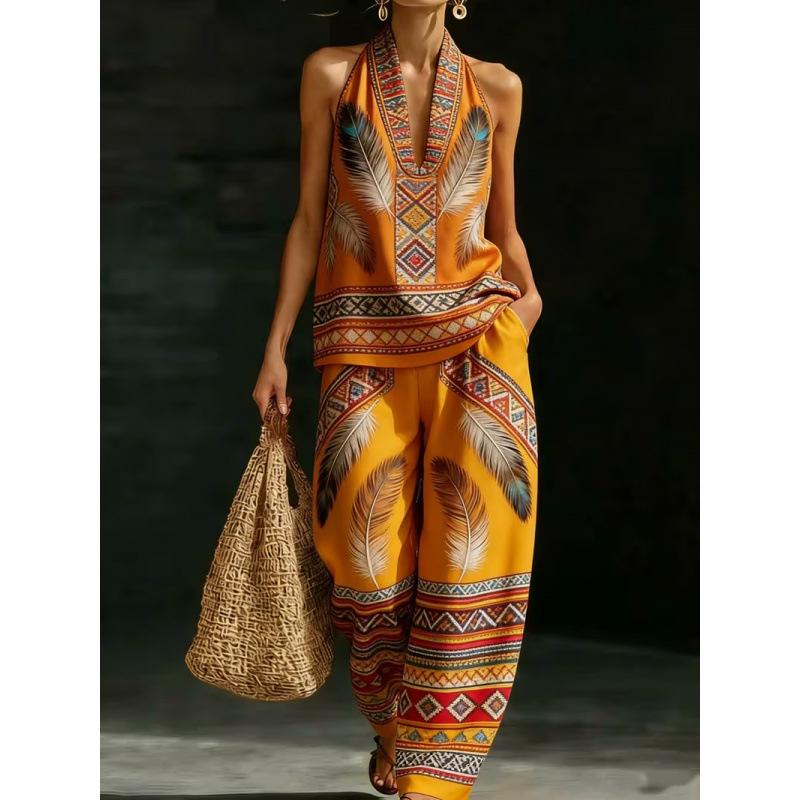 1116 Summer Cool Neck Suit Women's Temperament V-Neck Off-Shoulder Top + High Waist Wide Leg Pants Two-piece Set