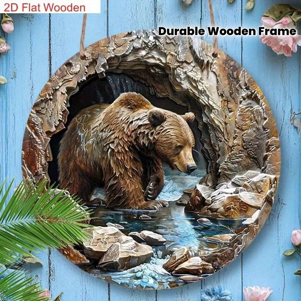 Brown Bear Metal Wall Art, Rustic Woodland Animal Decor, 2D Flat Steel Landscape with River Rocks, Wildlife Scene for Home Living Room