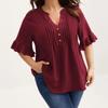 Women's Plus Size Cotton Blouse V Neck Ruffle Short Sleeve Pleated Button Front Loose Fit Comfortable Casual Tunic Shirt Top