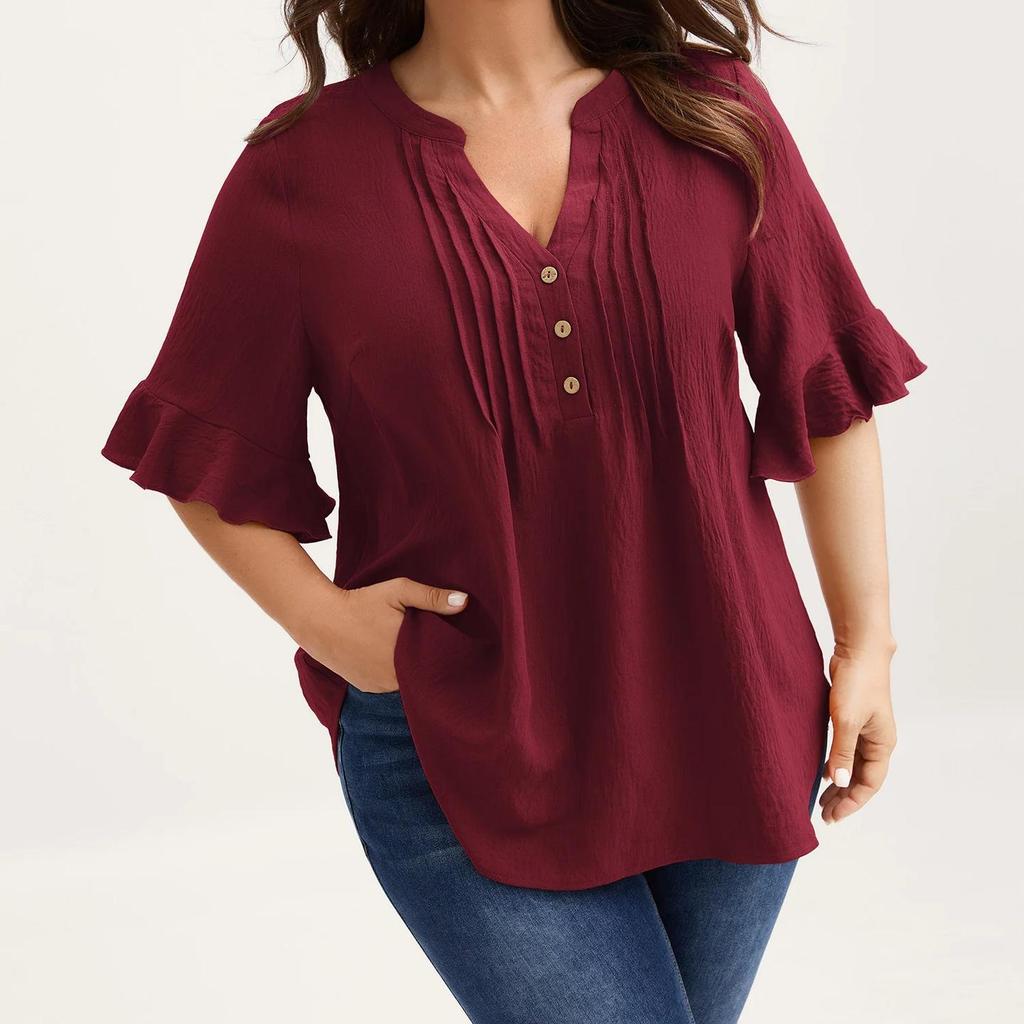 Women's Plus Size Cotton Blouse V Neck Ruffle Short Sleeve Pleated Button Front Loose Fit Comfortable Casual Tunic Shirt Top