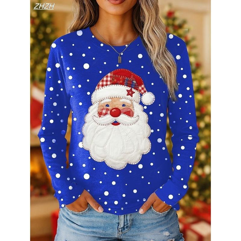 Damen Klassisches Weihnachtsmann-Print Langarm, Festliches Rundhals-Oberteil, Holiday Casual Style, Herbst Winter Saisonale Mode T-Shirt