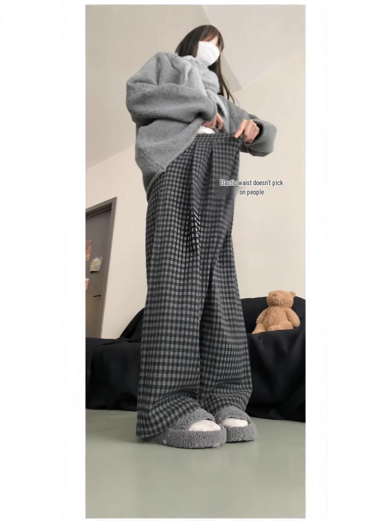 

Ретро Цветной Блок Клетчатые Брюки с Широкими Штанинами на Флисовой Подкладке - Женский Осенне-Зимний Свободный Повседневный Стиль XL