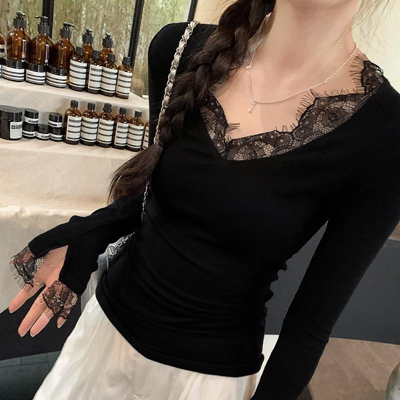 

European Spot Lace Splicing Collar Thin Inner Backing Shirt Women s Autumn and Spring Top XL чорний