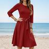 Women's Fashion Casual Waistband Seven Sleeve Round Neck Solid Color Flowy Dresses