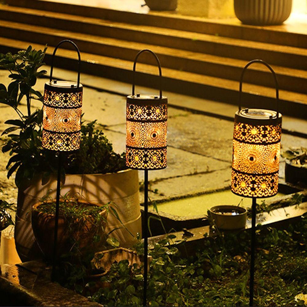 Art Retro LED Solar Night Light Hanging Vintage Hollow Lantern Light Waterproof Creative Solar Projection Lamp Fence Street