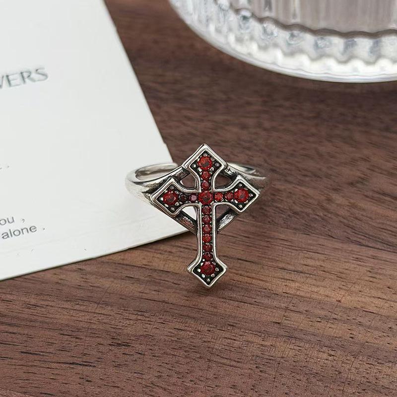 Punk Spice Girl Red Cross Zircon Fashion Opening Ring Kusa Enamel Neutral Style Personality Simple Ring