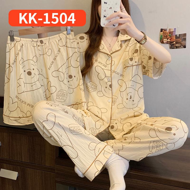 Retro Small Floral High-End Wrinkled Cloth Pajamas Women'S Summer Casual Homewear Short-Sleeved Three-Piece Set