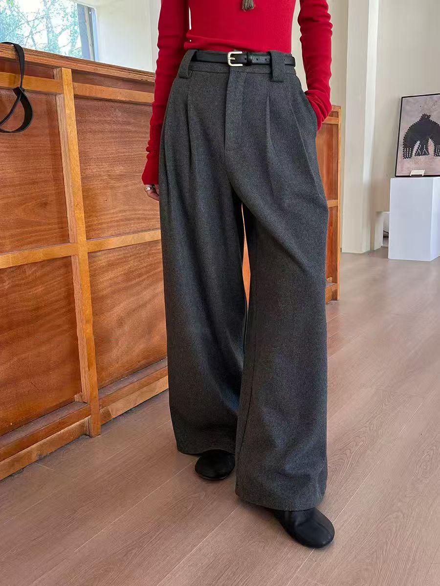 2025 Autumn/Winter Relaxed Wide-Leg Pleated Pants with Ear Flap Detail Small серый