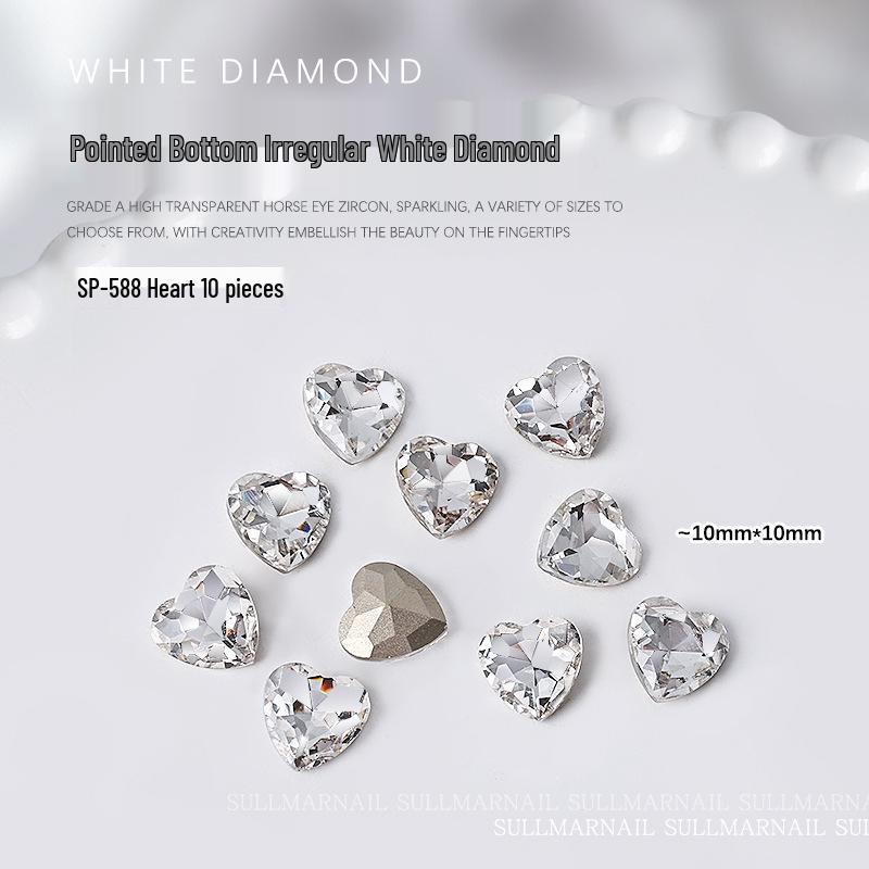 Nail Art Rhinestones Set: Heart, Crooked Heart, White Diamond, Peach Heart, Square, and Transparent Shapes (10 Pieces)