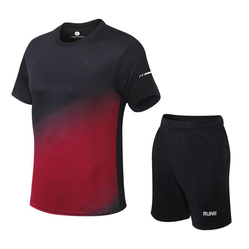 Gradient Ice Silk Short Sleeve T-shirt for Men's Summer Thin Breathable Casual Sports Quick Drying Set Two-piece Set