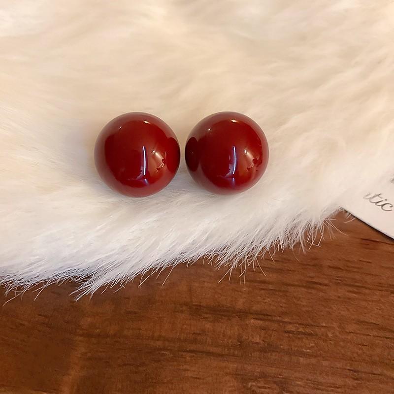 New Year's red flower flocking stud earrings women's niche earrings versatile earrings autumn and winter