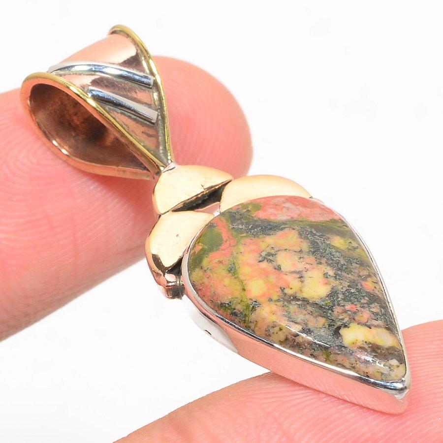 Natural Unakite Gemstone Two Tone 925 Solid Sterling Silver Pendant 1.75" D6I78