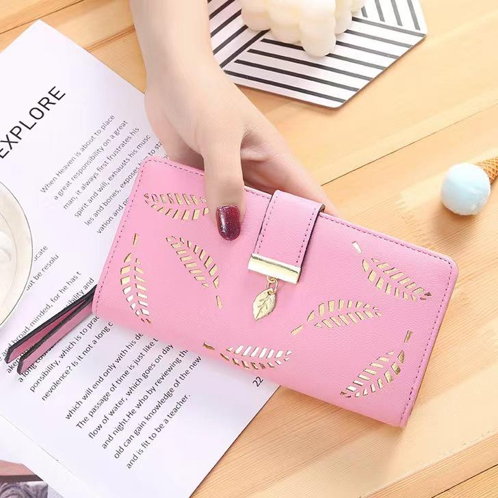 2023 New Ladies Wallet Hollow Leaf Pattern Pu Leather Zipper Closure Long Card Holder