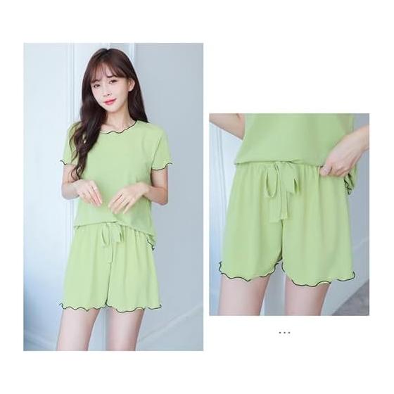 [EnjoIt] Pajamas, Women's, Summer, Short Sleeves, Loungewear, Top and Bottom Set, Sleepwear, Convenient Clothing, Gentle on the Skin, Slimming,