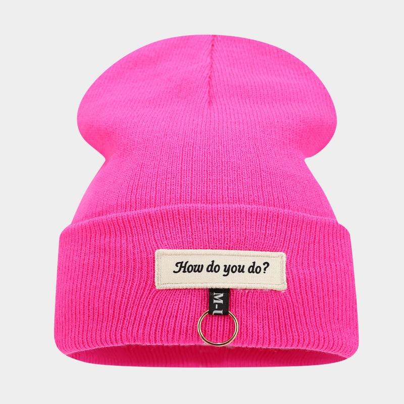 Knitted hat, iron ring, alphabet label, fashion pullover hat, autumn and winter street warm, crimped cold hat