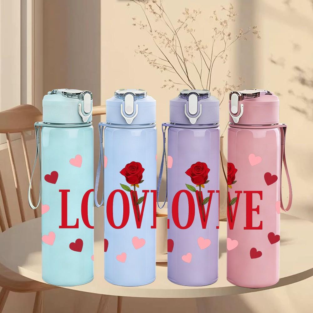 1PC Red Rose Love Letter Pattern 750ml Color Plastic Sports Water Bottle Leakproof Flip Straw Lid Suitable for Sports Office Home Use