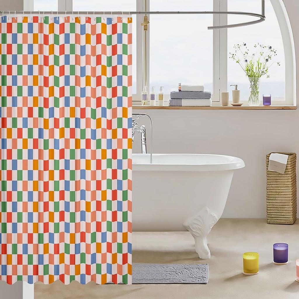 1pc Kids Colorful Checkerboard Shower Curtain for Bathroom Decor 72" L x 72" W Plaid Geometric Bath Curtain for Boys Girls