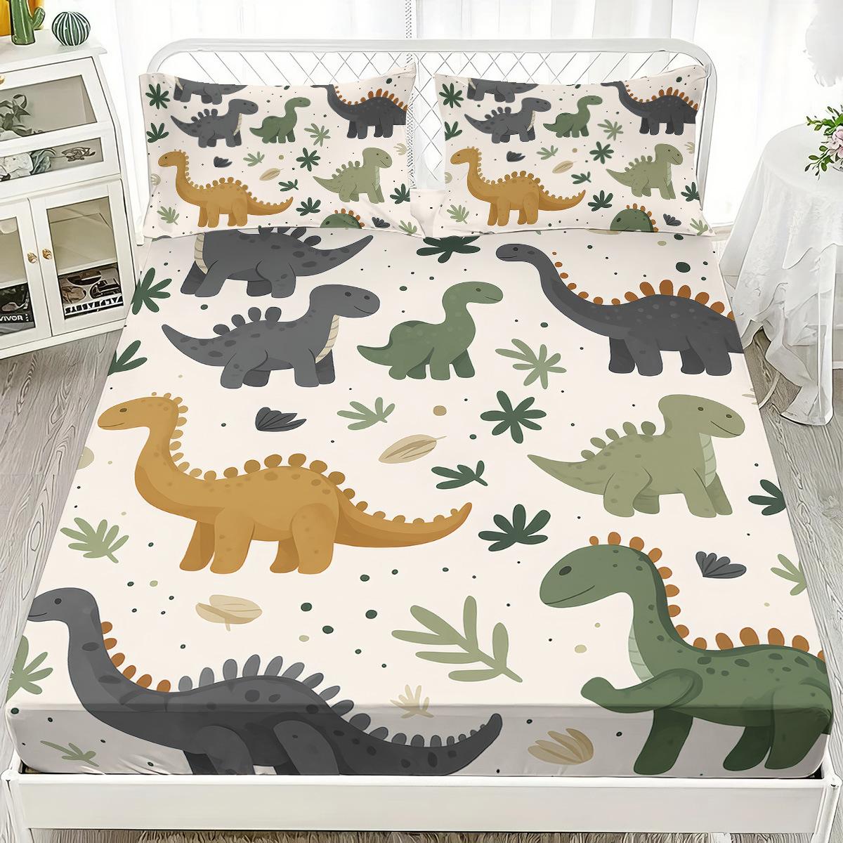 Ensemble de draps-housse en flanelle avec imprimé lettres de dinosaures 3 pièces Ensemble de literie avec taies d'oreiller Housse de lit pour enfants Jupe Linge de lit chaud pour enfants 200x220cm
