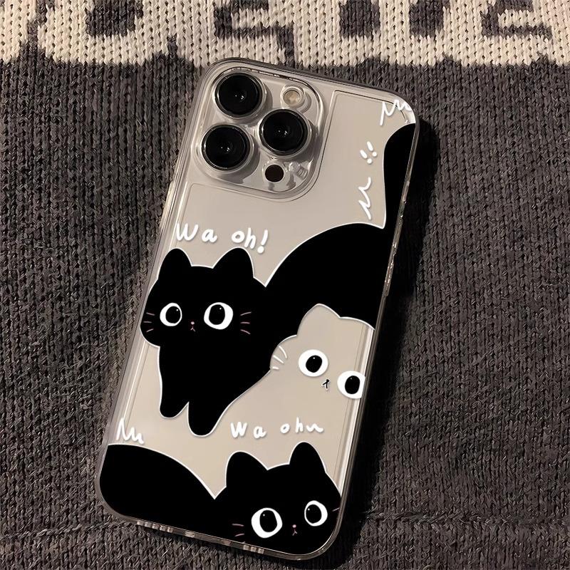 Cute Black White Cat Wa Oh Print Phone Case for iPhone 17 16 15 14 13 12 11 16E Series Pro Max Plus Double Layer Protection
