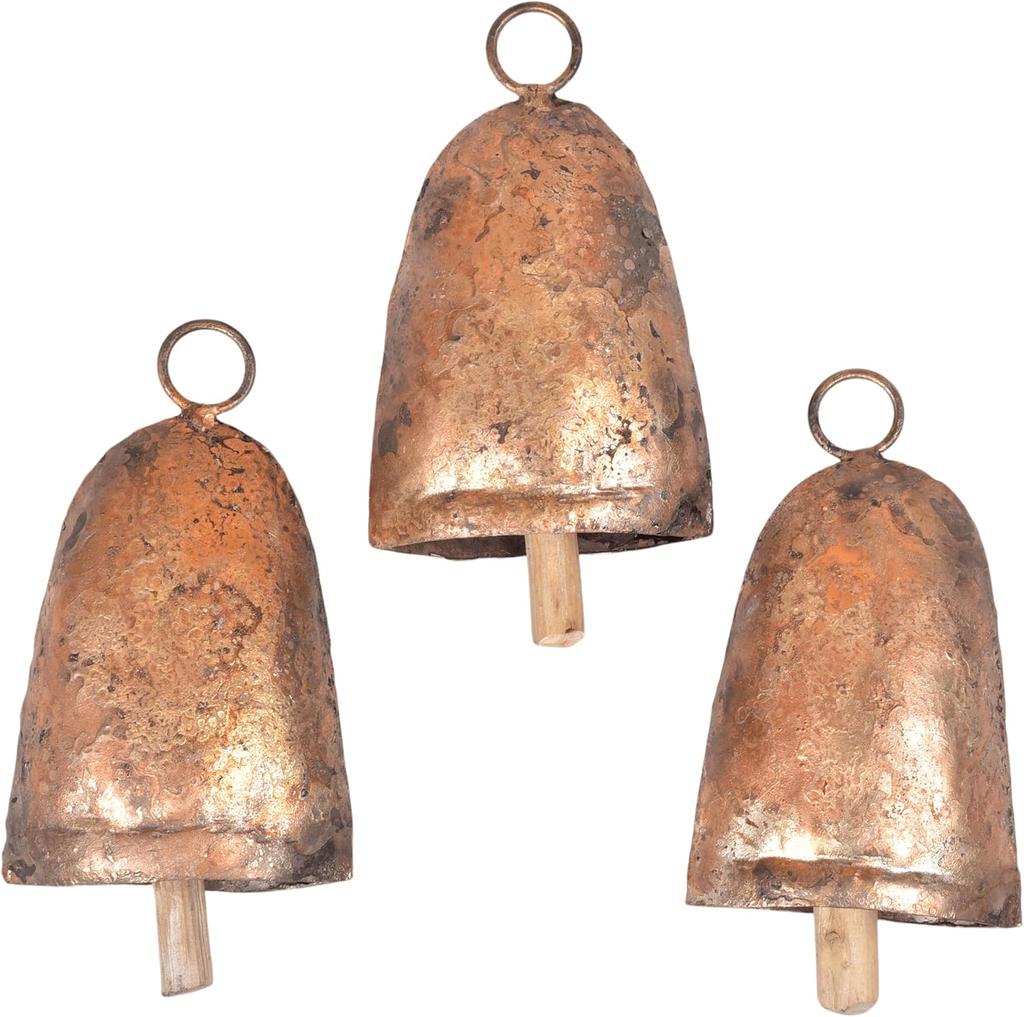 Handmade Decorative Bells Set of 3 | Artisan Brass Finished Iron for Festive Home Décor and Holiday Wreath Making | Unique Traditional Accents