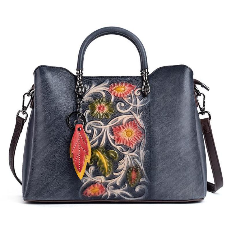 Johnature Borsa versatile in vera pelle da donna, vintage, fatta a mano, in pelle di mucca naturale goffrata, borse a tracolla