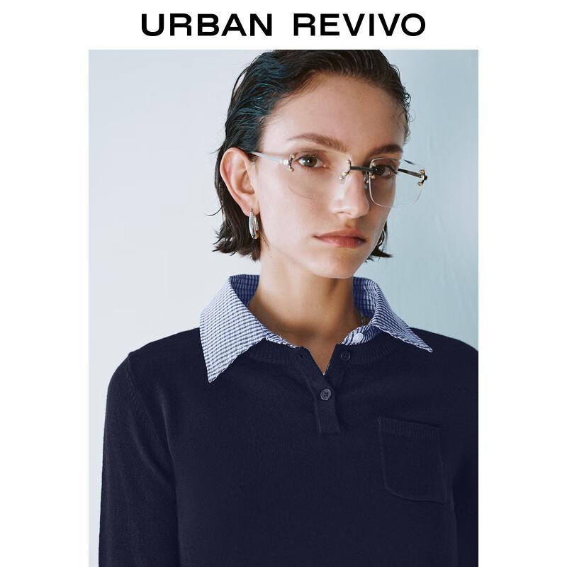 UR 2025 Spring Women's Academia Style Spliced Plaid Knit Sweater