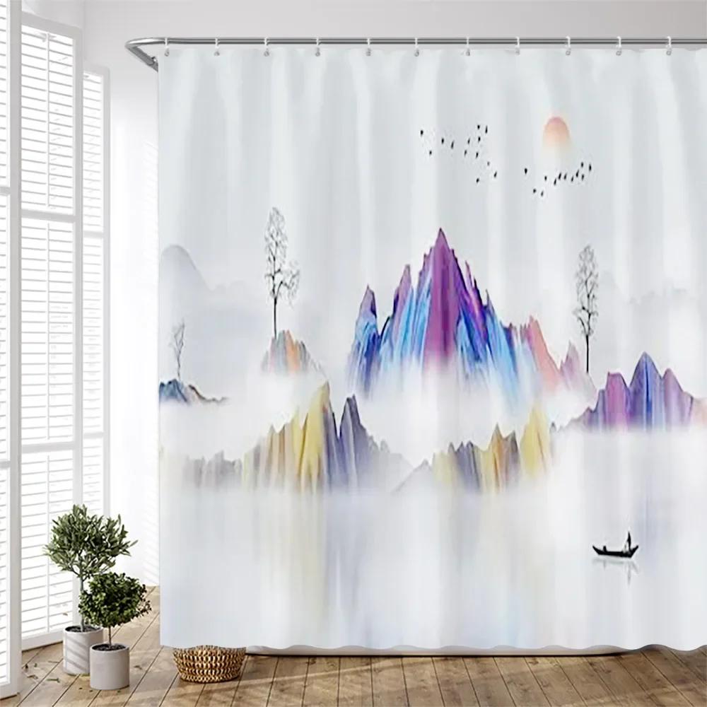 3D Chinese Painting Shower Curtain Aesthetic Abstract Creative Ink Landscape Scenery Bathroom Decor Bath Curtain Set with Hook