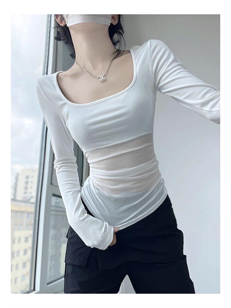 

Футболка Desire See-Through Mesh Splice Slim Fit Black Square Collar для женщин - весна/осень L белый