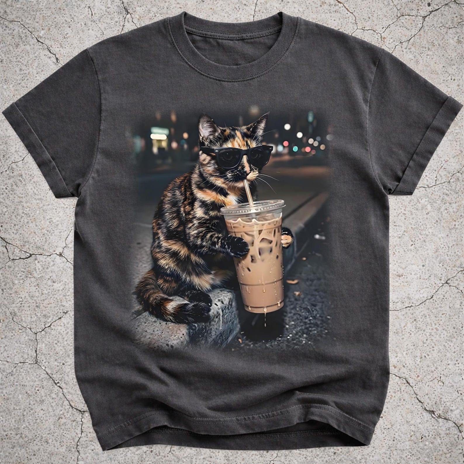Tortie Cat Drinking Iced Coffee Shirt, Funny Cat Coffee Meme Tee, Tortoiseshell Cat Graphic T-Shirt, Coffee Lover Gift for Cat Mom Dad 3XL