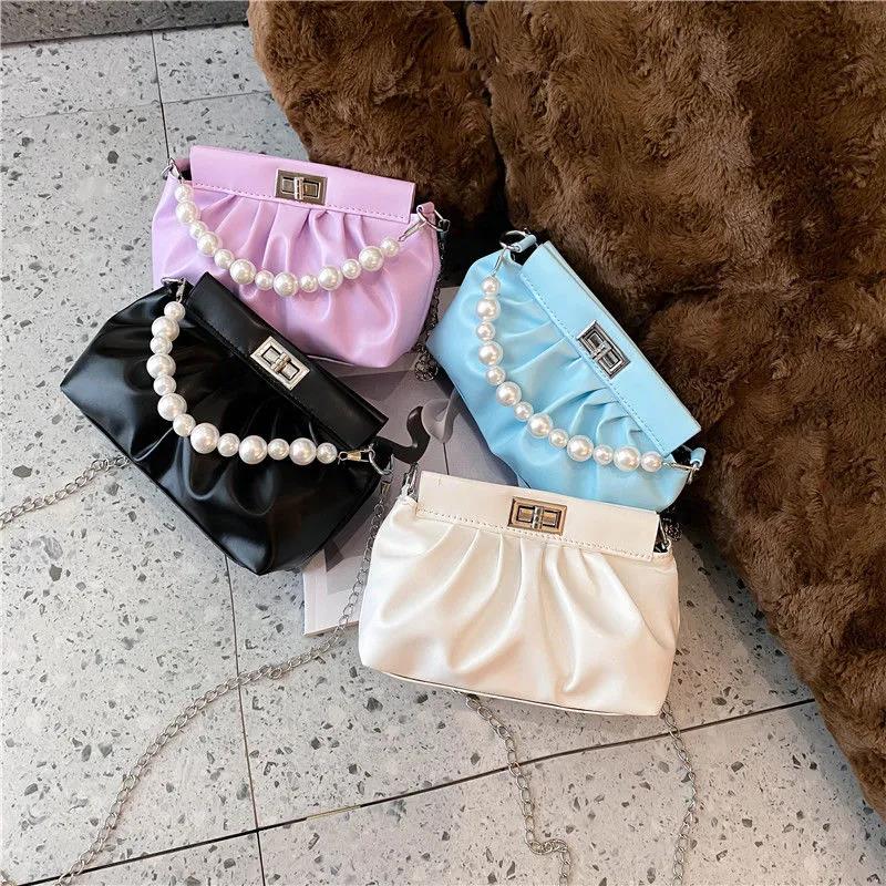 WTEMPO Frauen Vintage Perlen Dekoration Handtasche Weibliche Einfarbig Unterarm Kette Tasche Einzelnen Schulter Party Tasche