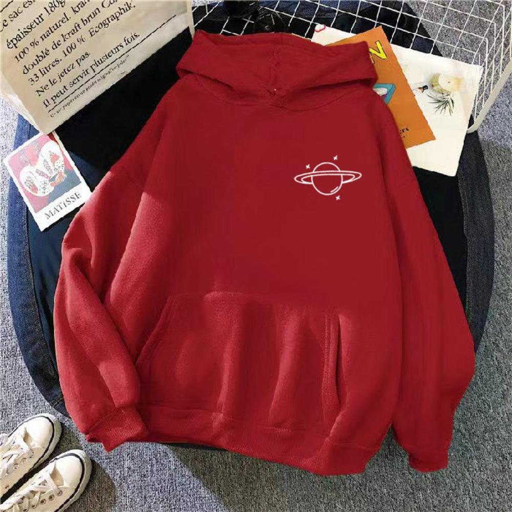 New Sweater Women's Autumn and Winter Korean Version Loose Lazy Wind Planet Printing Versatile Hooded Top Velvet Student Sweater