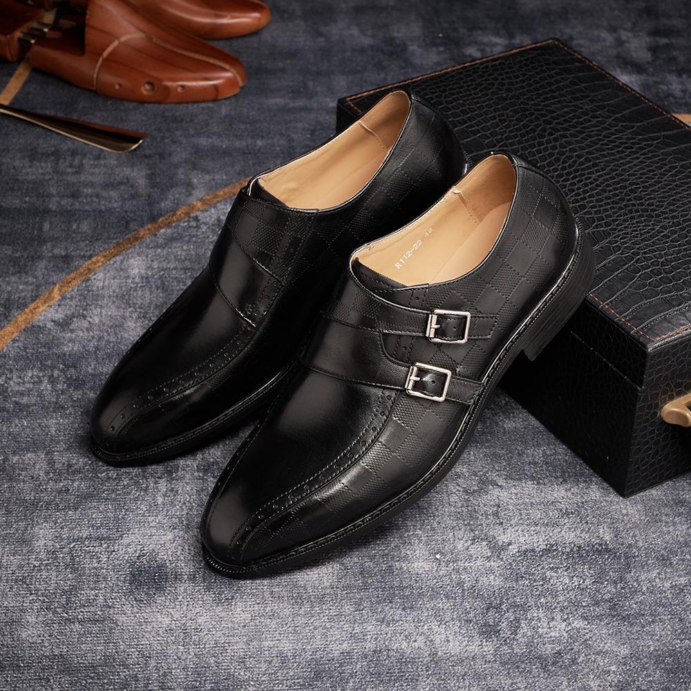 Leather Shoes Men'S Handmade Leather Dress Metal Buckle Business Men'S Shoes Casual Breathable British Engraved Monk Shoes